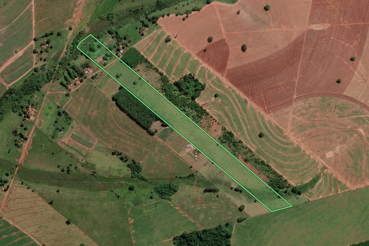 Imagem de satélite do imóvel rural em Vitória Brasil (SP), com o contorno declarado no CAR desenhado por cima.