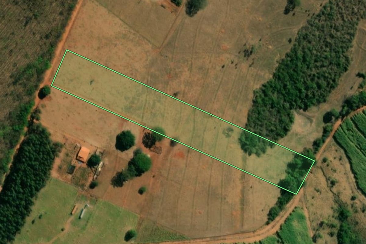Imagem de satélite do imóvel rural em Votuporanga (SP), com o contorno declarado no CAR desenhado por cima.