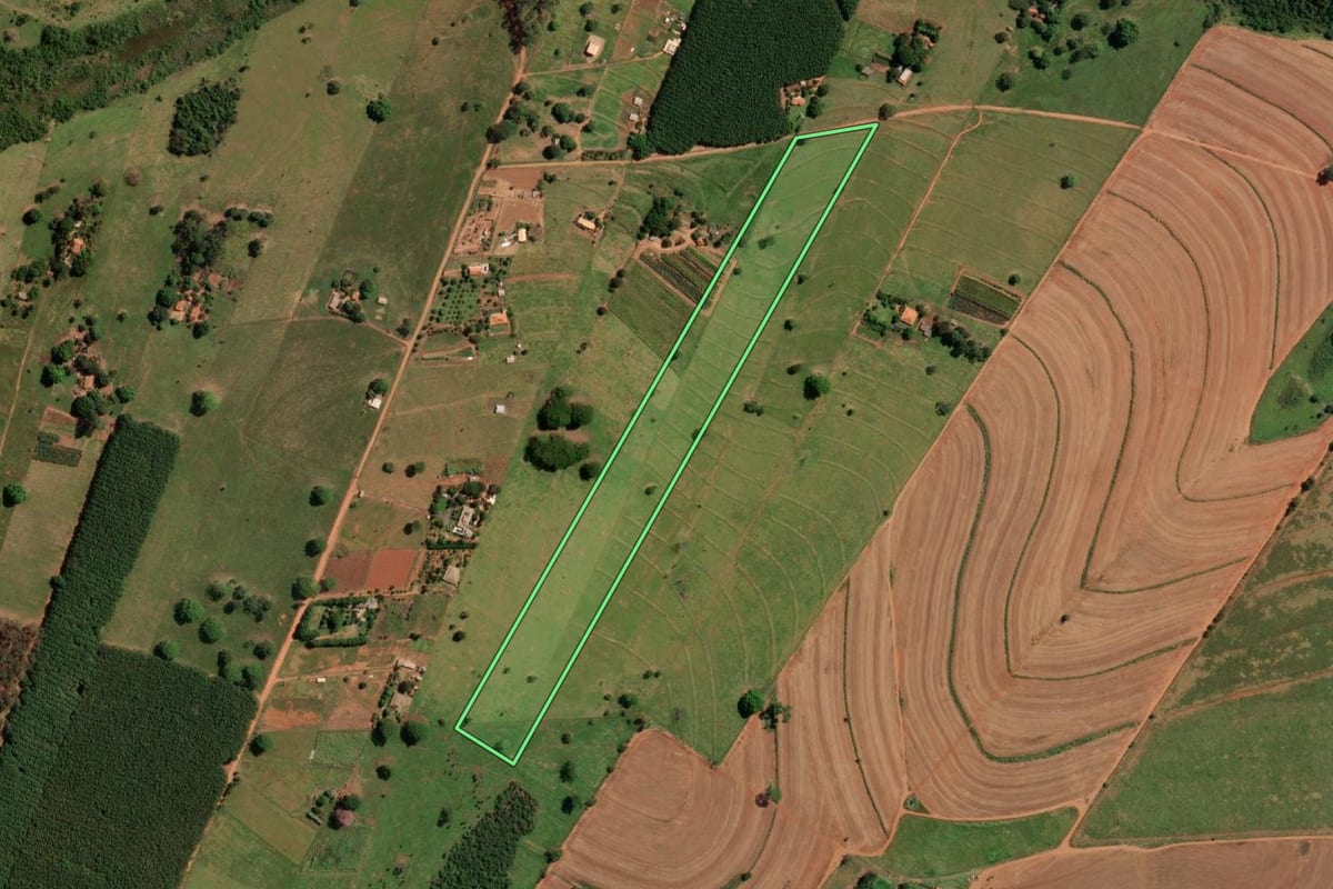 Imagem de satélite do imóvel rural em Votuporanga (SP), com o contorno declarado no CAR desenhado por cima.