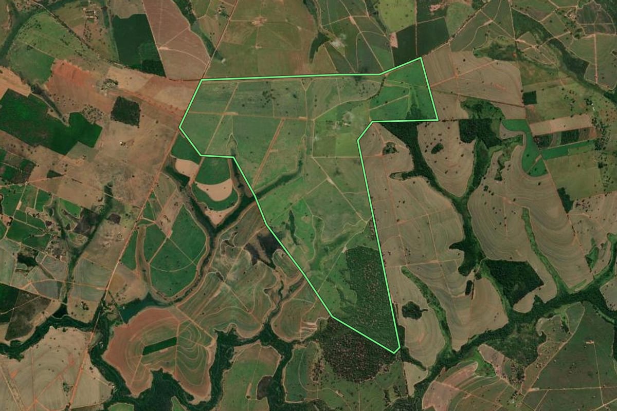 Imagem de satélite do imóvel rural em Votuporanga (SP), com o contorno declarado no CAR desenhado por cima.