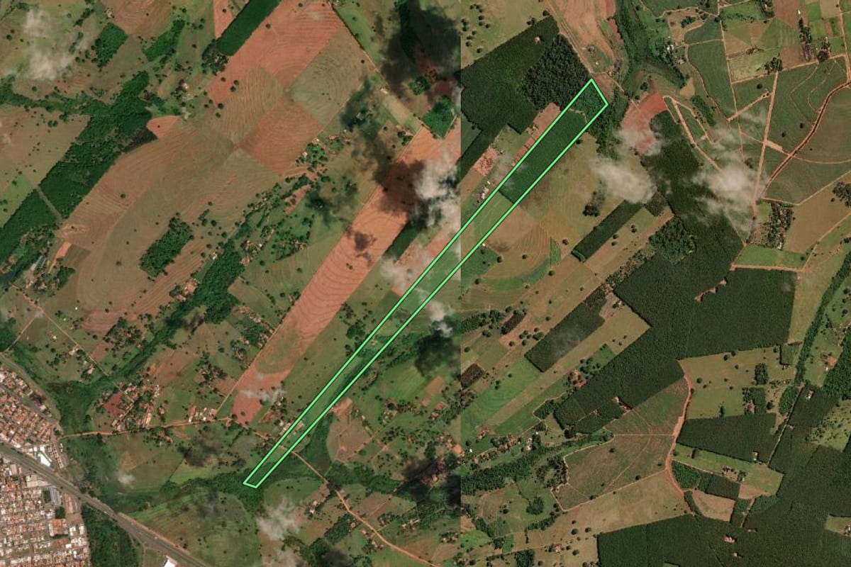 Imagem de satélite do imóvel rural em Votuporanga (SP), com o contorno declarado no CAR desenhado por cima.