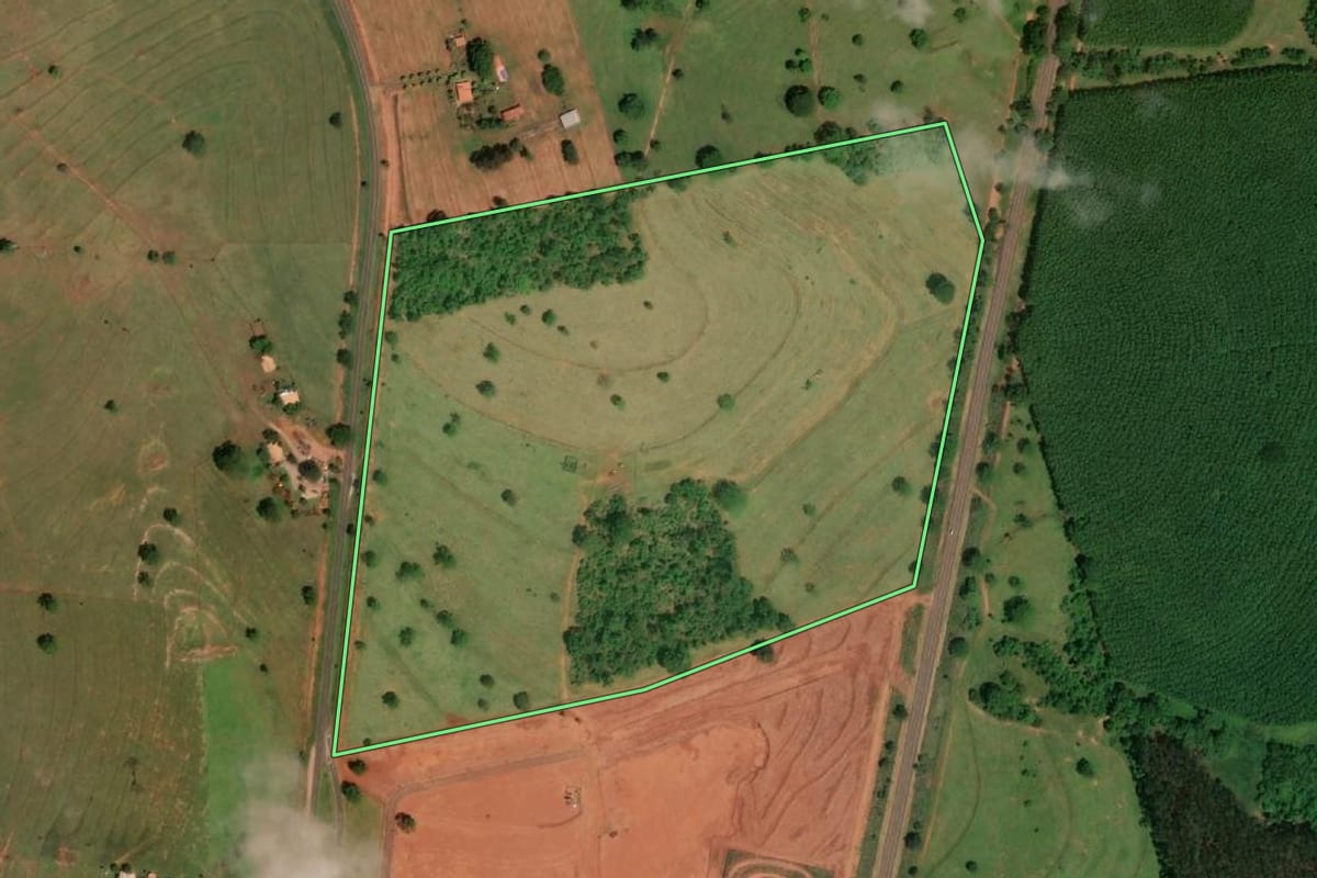 Imagem de satélite do imóvel rural em Votuporanga (SP), com o contorno declarado no CAR desenhado por cima.