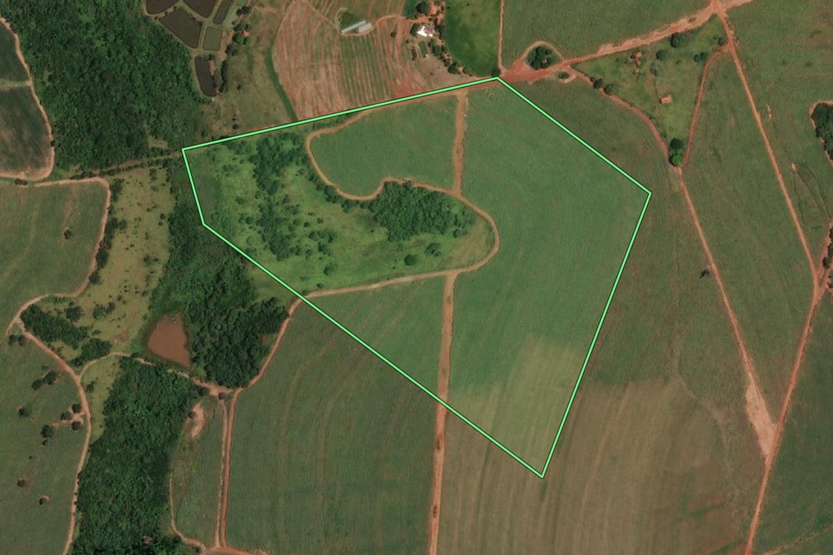 Imagem de satélite do imóvel rural em Votuporanga (SP), com o contorno declarado no CAR desenhado por cima.
