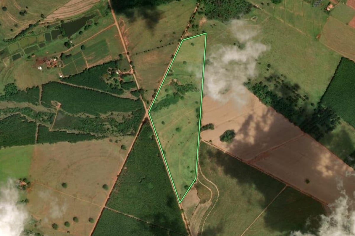 Imagem de satélite do imóvel rural em Votuporanga (SP), com o contorno declarado no CAR desenhado por cima.