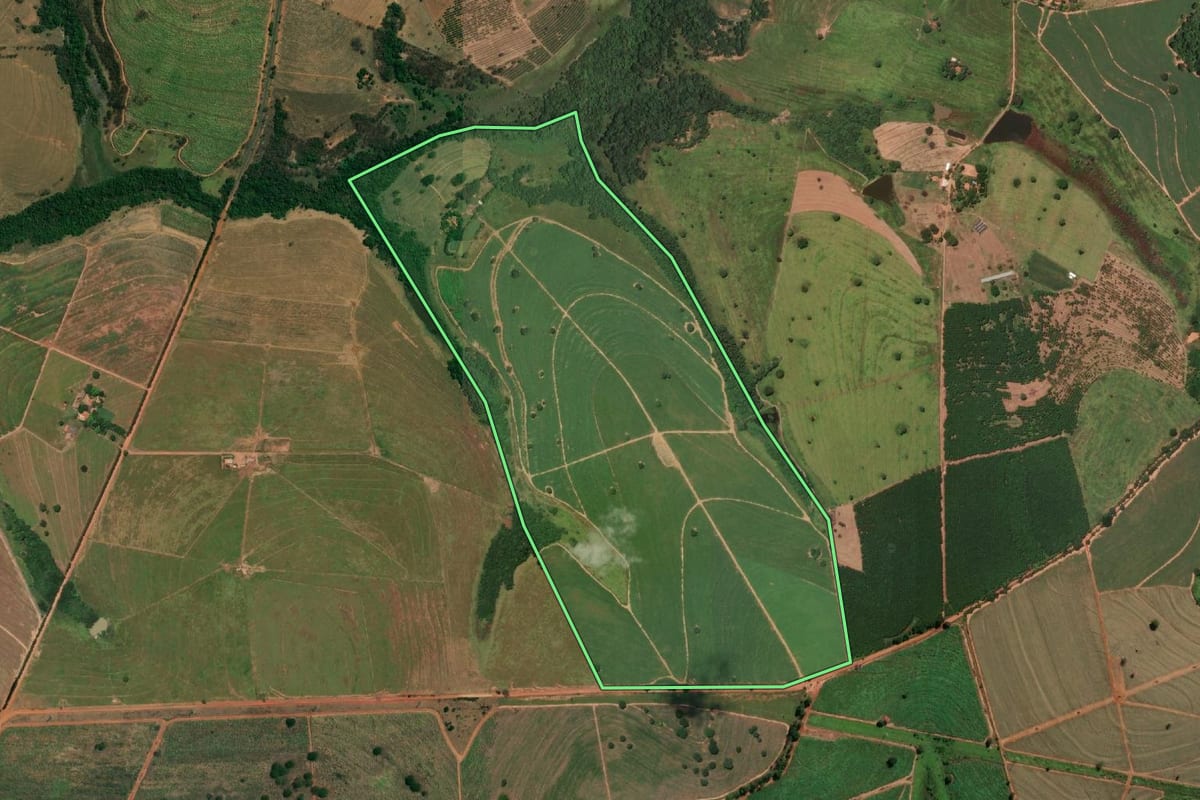 Imagem de satélite do imóvel rural em Votuporanga (SP), com o contorno declarado no CAR desenhado por cima.