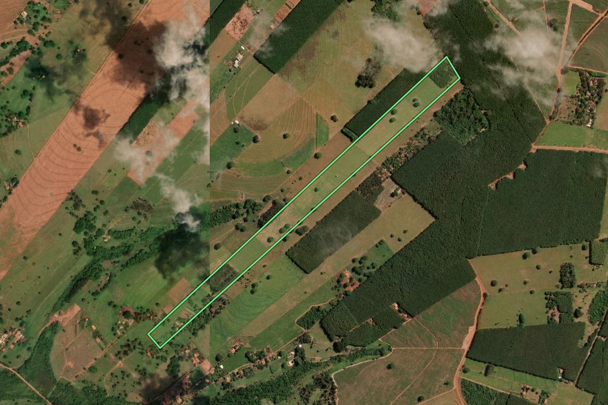 Imagem de satélite do imóvel rural em Votuporanga (SP), com o contorno declarado no CAR desenhado por cima.