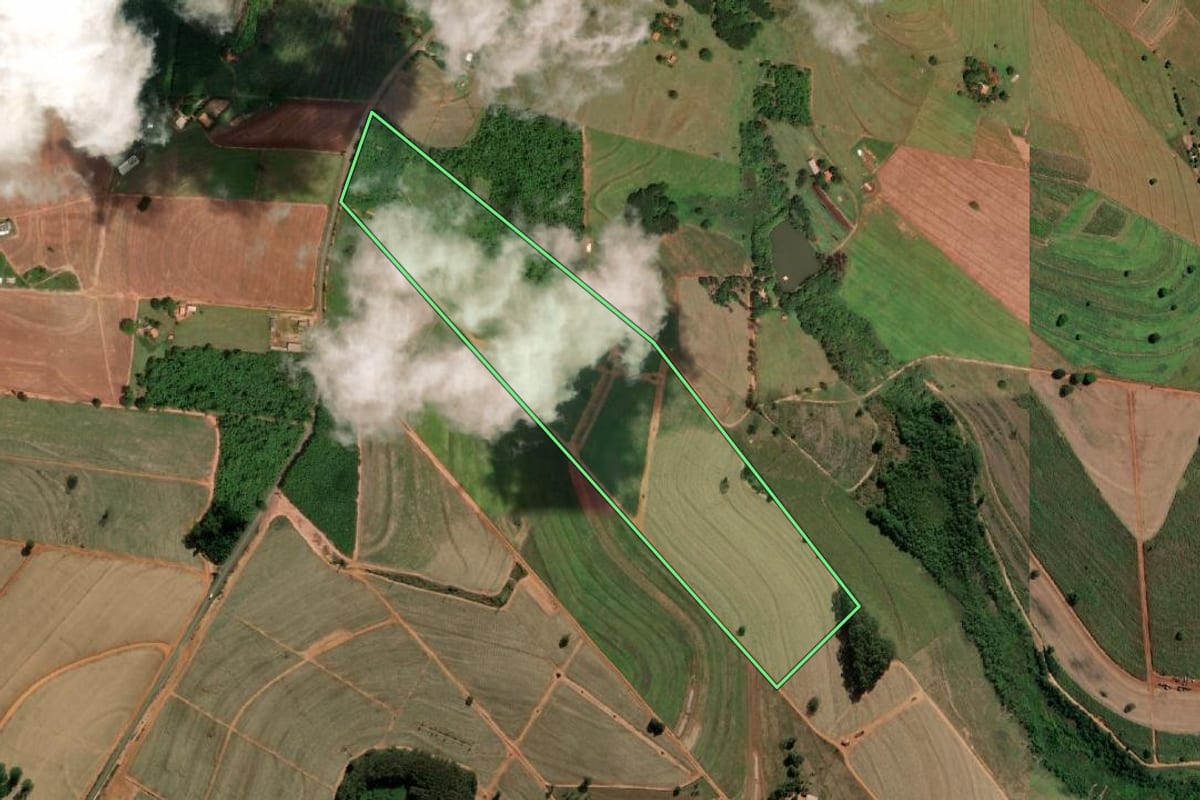 Imagem de satélite do imóvel rural em Votuporanga (SP), com o contorno declarado no CAR desenhado por cima.