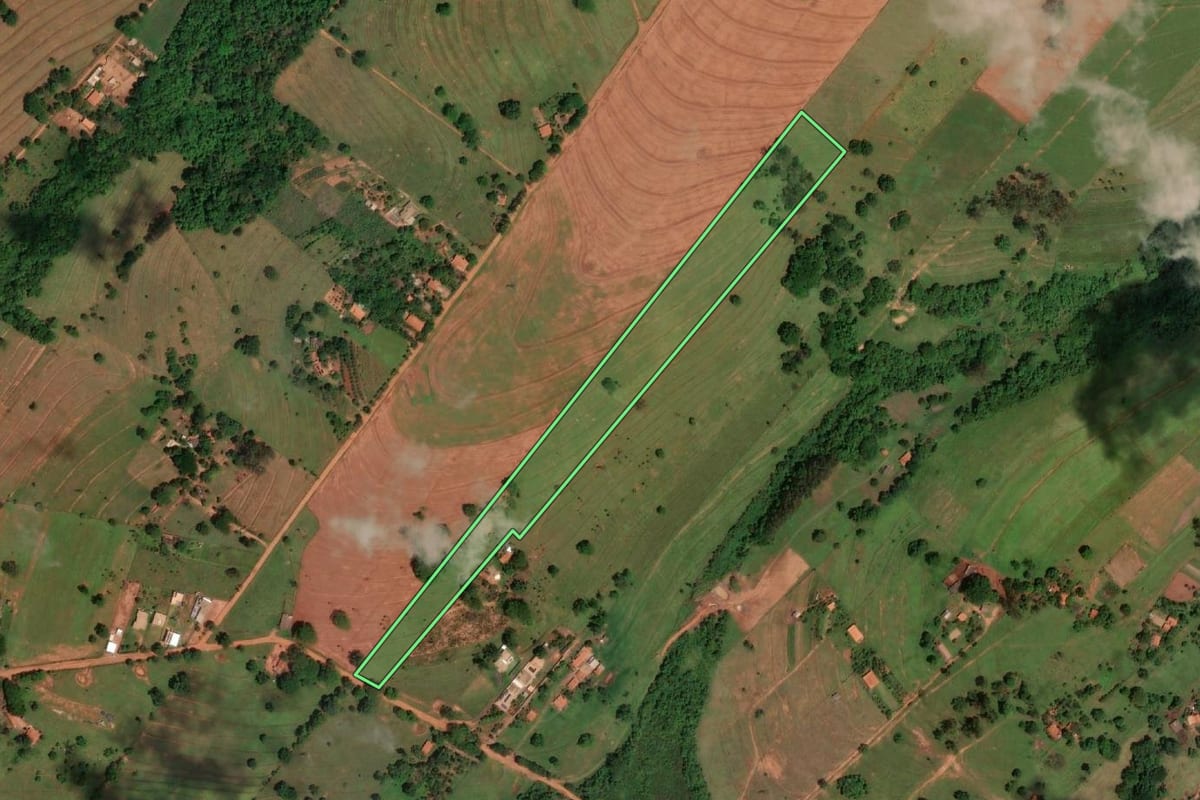 Imagem de satélite do imóvel rural em Votuporanga (SP), com o contorno declarado no CAR desenhado por cima.