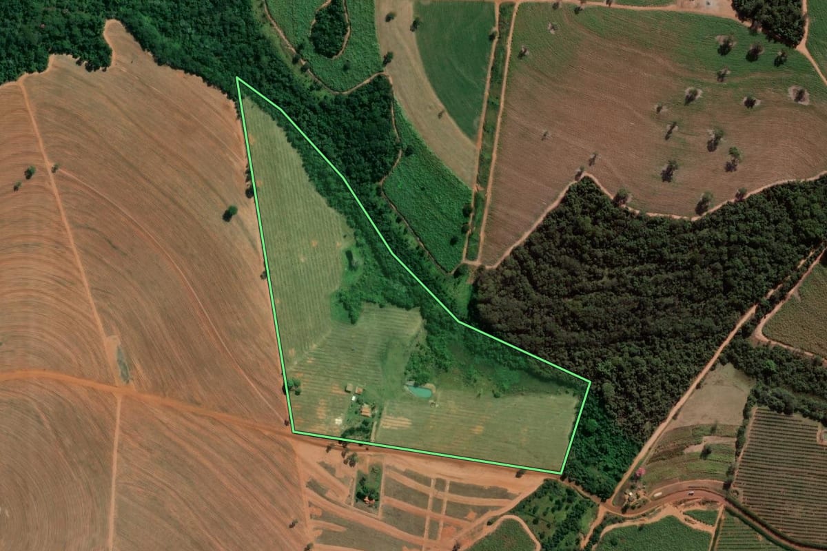 Imagem de satélite do imóvel rural em Votuporanga (SP), com o contorno declarado no CAR desenhado por cima.