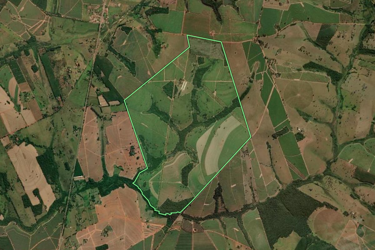Imagem de satélite do imóvel rural em Votuporanga (SP), com o contorno declarado no CAR desenhado por cima.