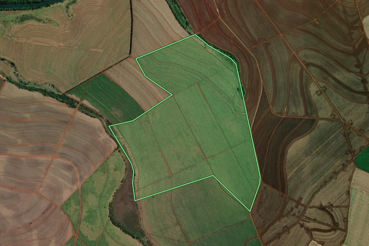 Imagem de satélite do imóvel rural em Chavantes (SP), com o contorno declarado no CAR desenhado por cima.