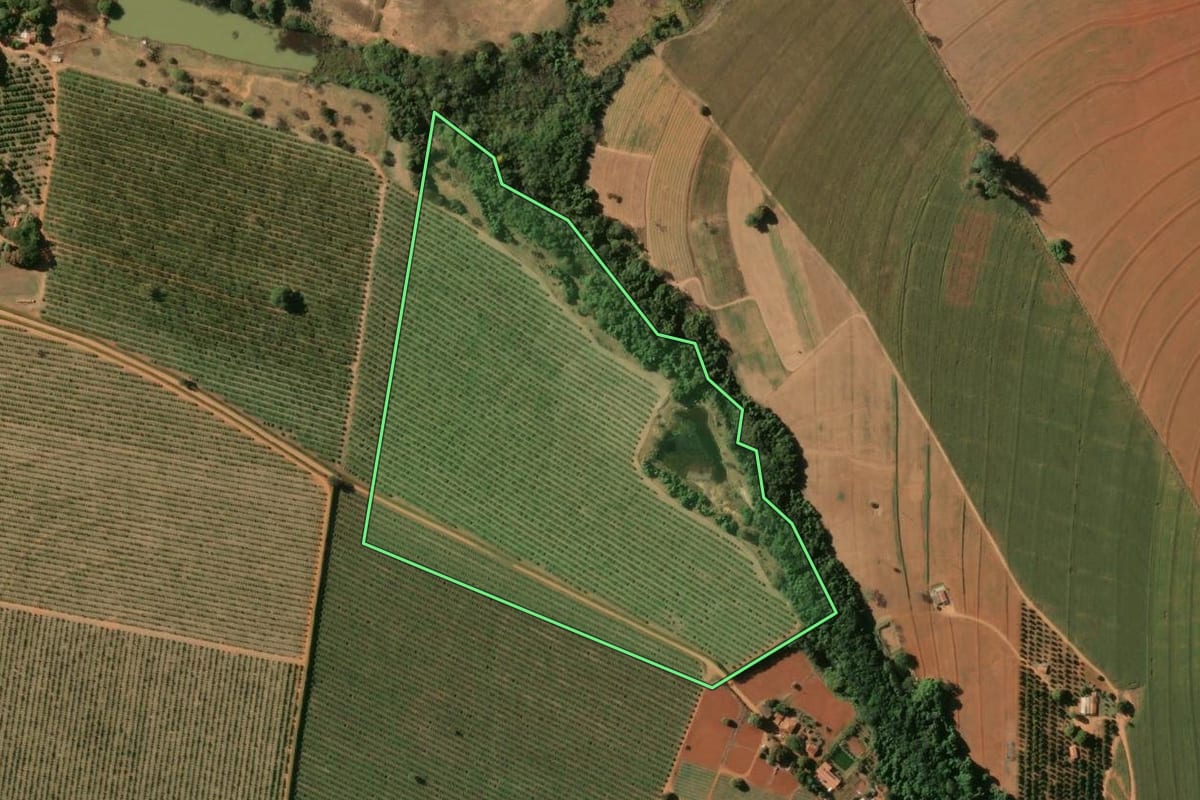 Imagem de satélite do imóvel rural em Estiva Gerbi (SP), com o contorno declarado no CAR desenhado por cima.