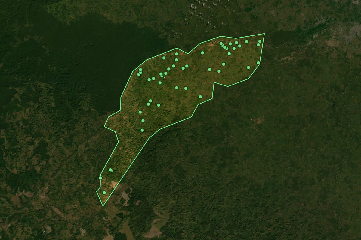 Imagem de satélite de Alto Alegre do Pindaré (MA), com o contorno do município e a posição dos imóveis desta página.