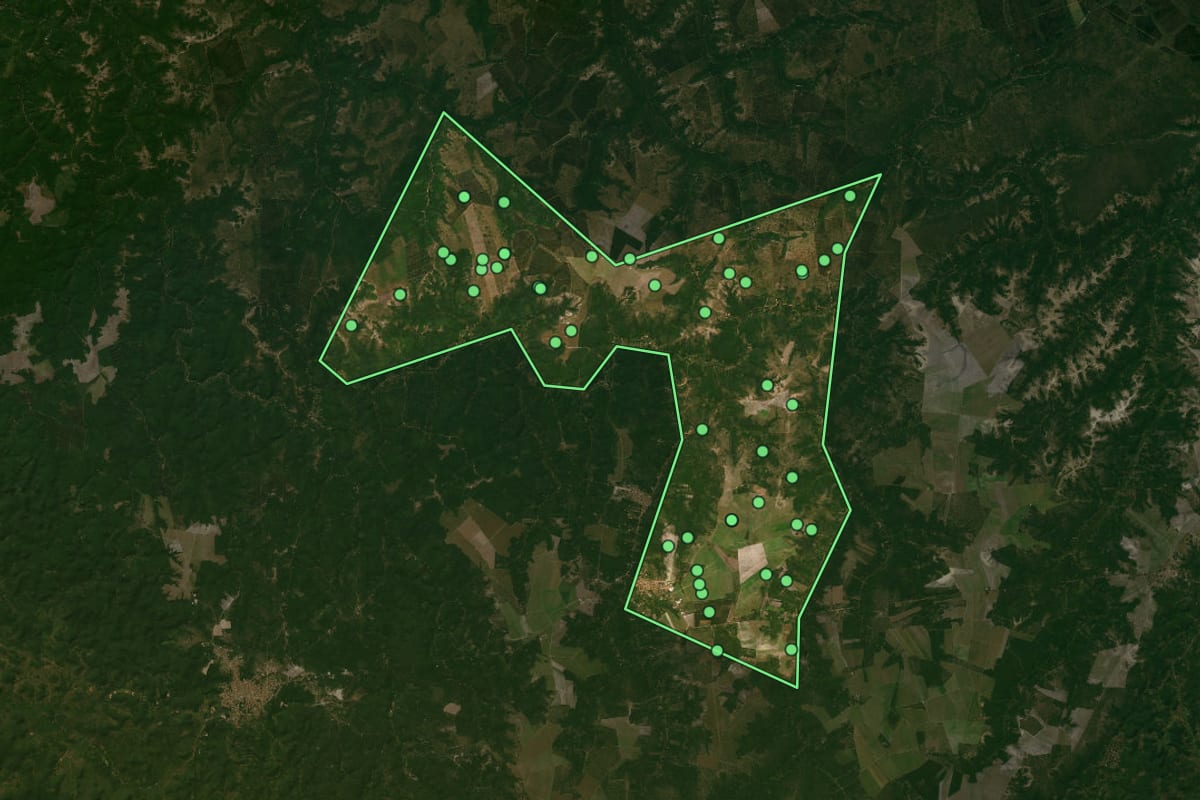 Imagem de satélite de Anapurus (MA), com o contorno do município e a posição dos imóveis desta página.
