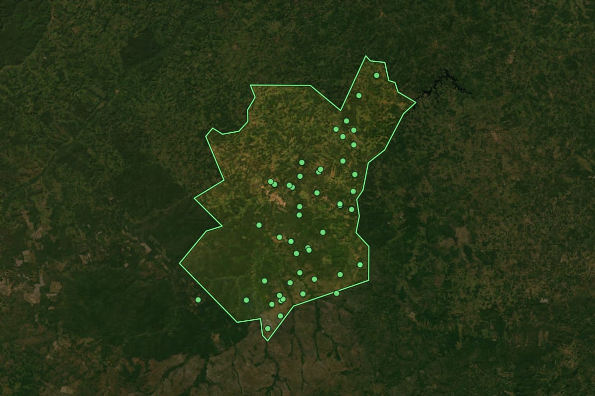 Imagem de satélite de Barra do Corda (MA), com o contorno do município e a posição dos imóveis desta página.