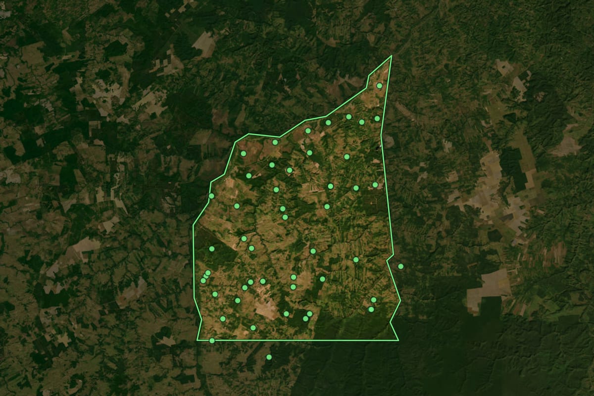 Imagem de satélite de Bom Jesus das Selvas (MA), com o contorno do município e a posição dos imóveis desta página.