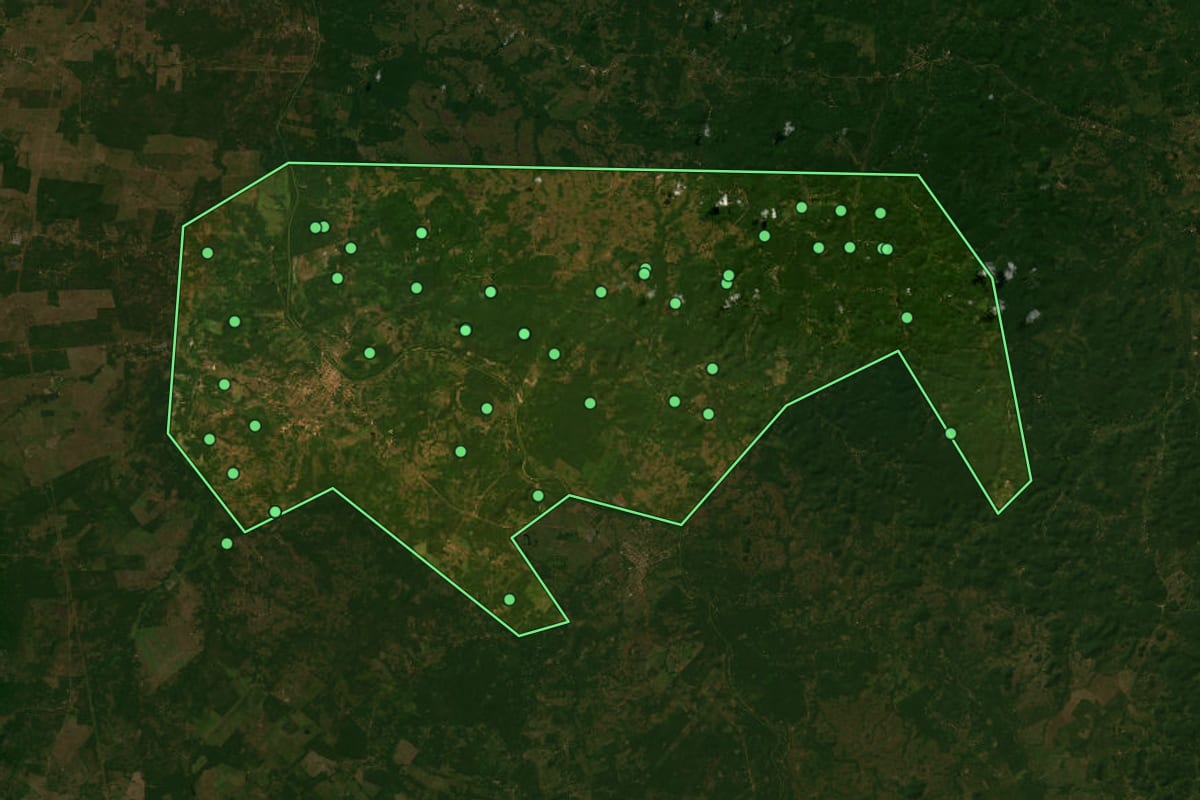 Imagem de satélite de Cantanhede (MA), com o contorno do município e a posição dos imóveis desta página.