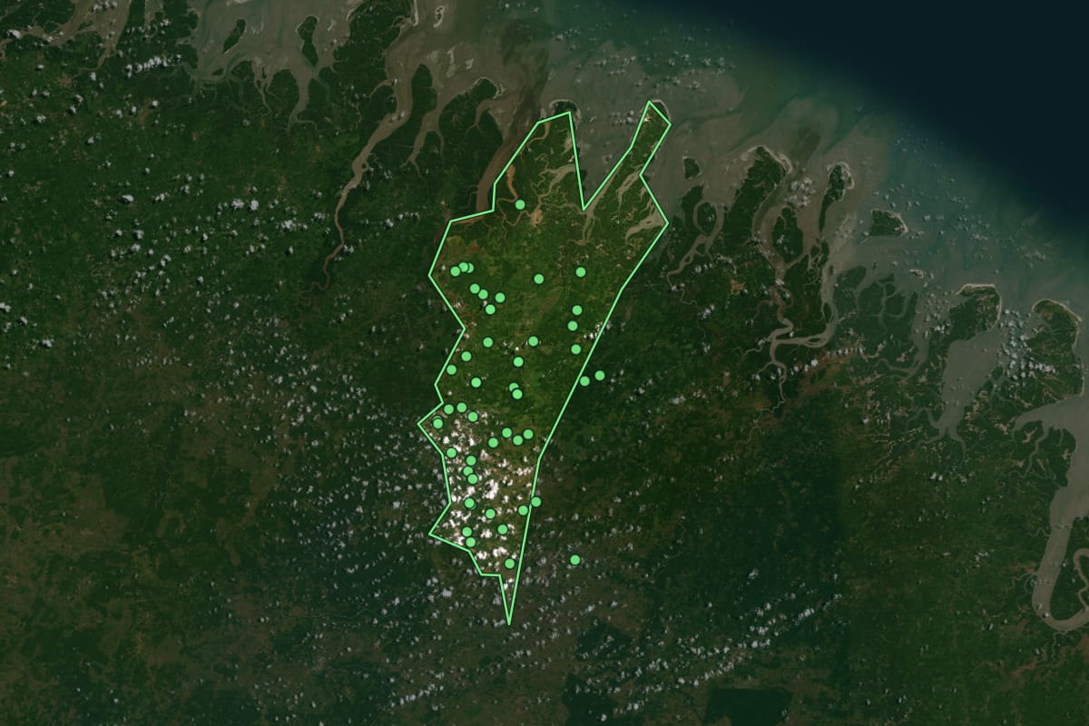 Imagem de satélite de Carutapera (MA), com o contorno do município e a posição dos imóveis desta página.