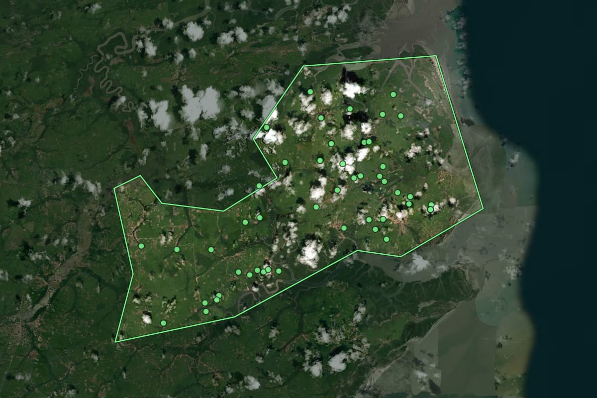 Imagem de satélite de Cedral (MA), com o contorno do município e a posição dos imóveis desta página.