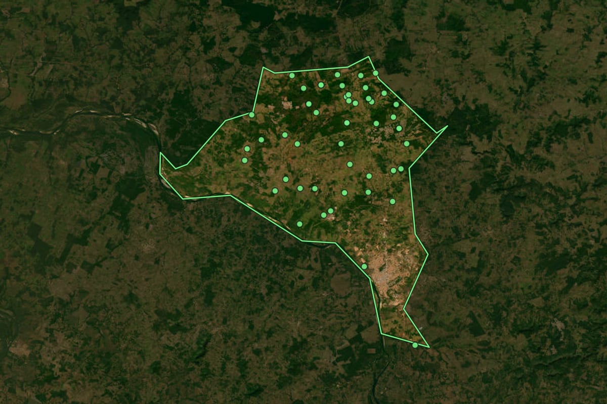 Imagem de satélite de Imperatriz (MA), com o contorno do município e a posição dos imóveis desta página.