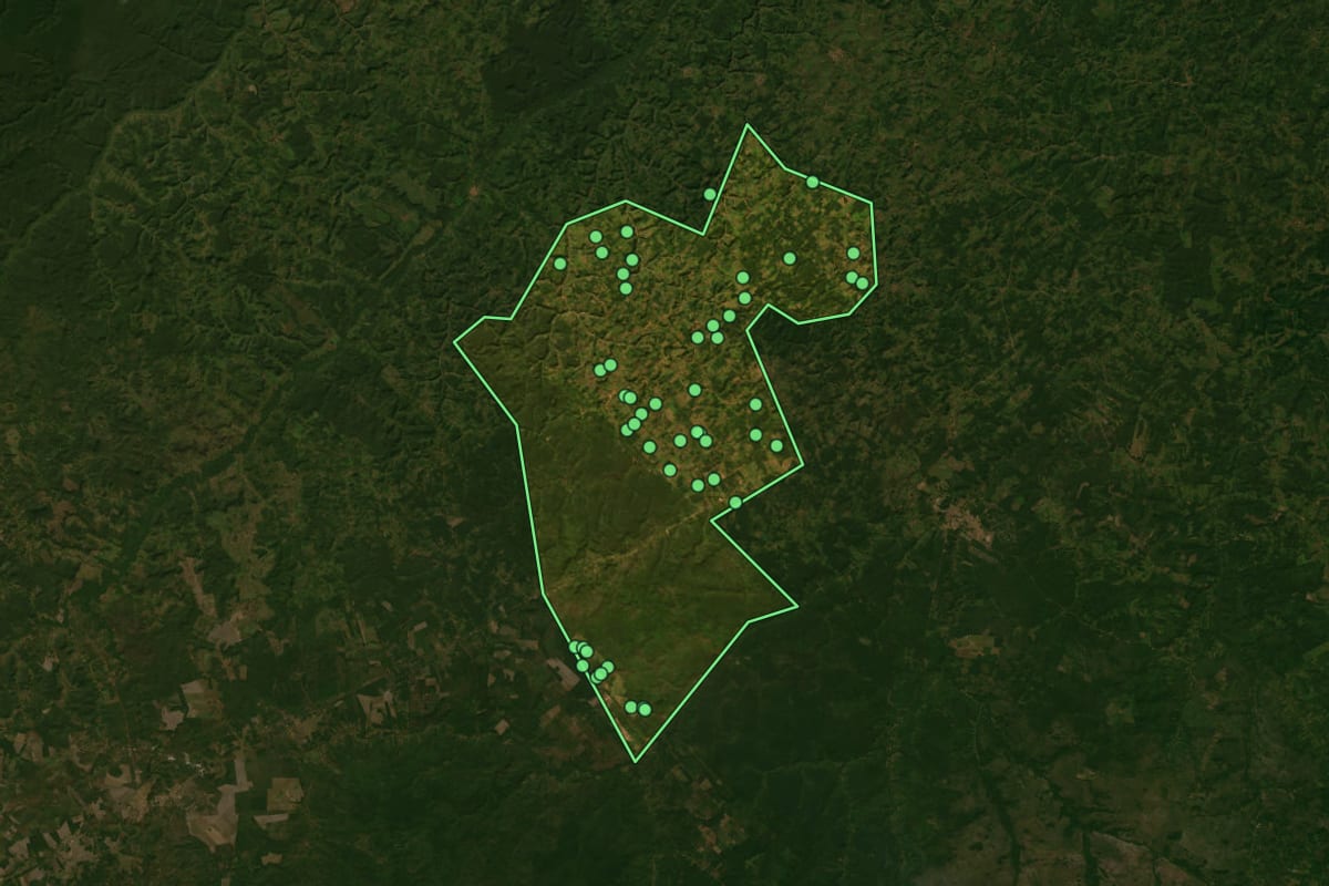 Imagem de satélite de Jenipapo dos Vieiras (MA), com o contorno do município e a posição dos imóveis desta página.