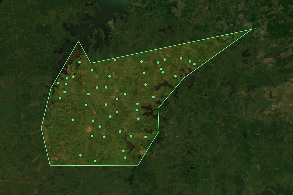 Imagem de satélite de Lago Verde (MA), com o contorno do município e a posição dos imóveis desta página.