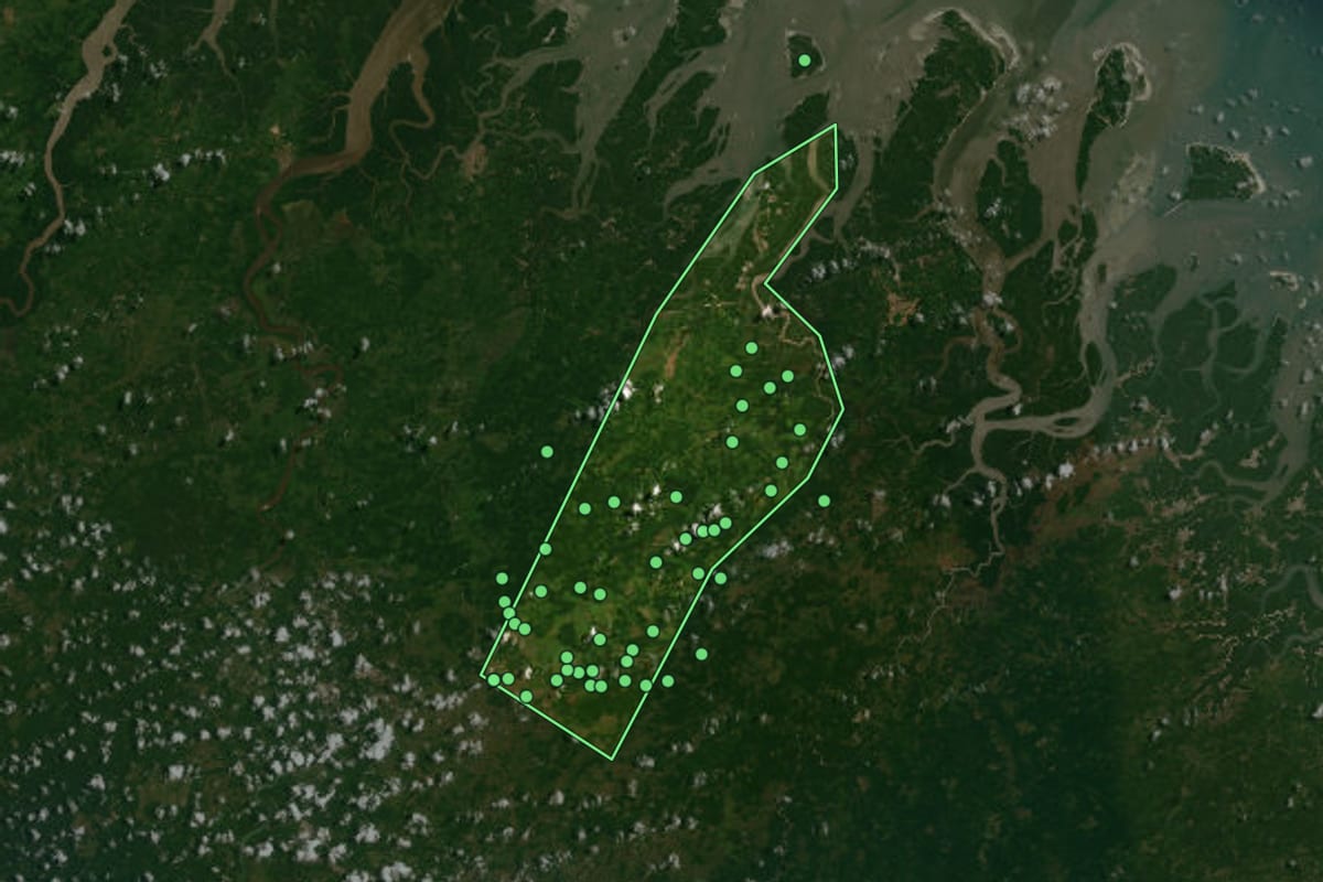 Imagem de satélite de Luís Domingues (MA), com o contorno do município e a posição dos imóveis desta página.