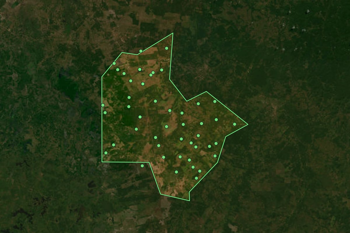 Imagem de satélite de Matões do Norte (MA), com o contorno do município e a posição dos imóveis desta página.