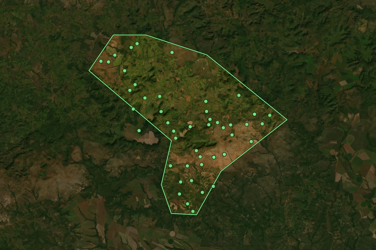 Imagem de satélite de Nova Colinas (MA), com o contorno do município e a posição dos imóveis desta página.