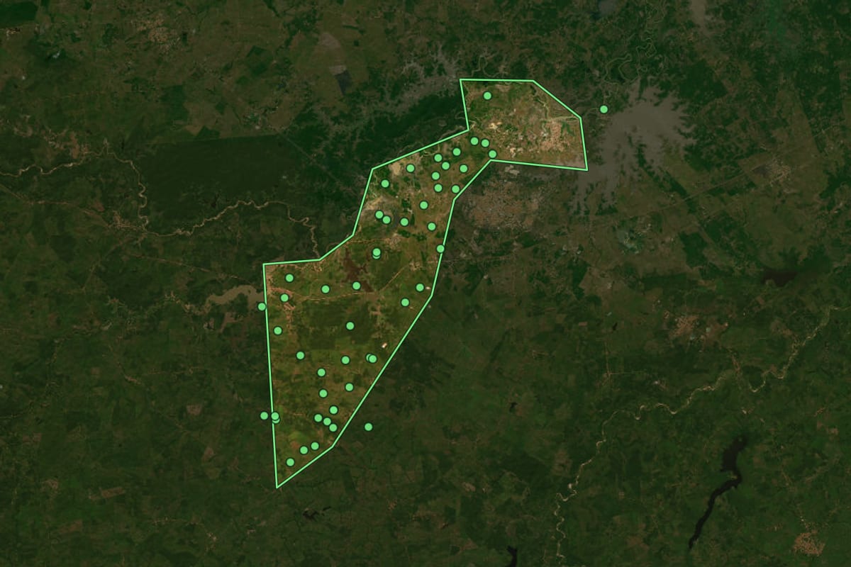 Imagem de satélite de Pindaré-Mirim (MA), com o contorno do município e a posição dos imóveis desta página.