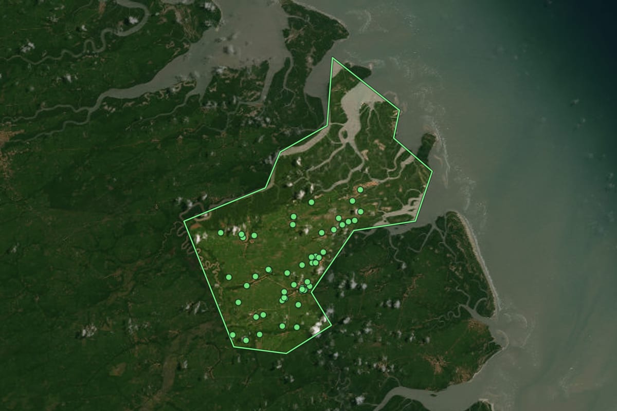 Imagem de satélite de Porto Rico do Maranhão (MA), com o contorno do município e a posição dos imóveis desta página.