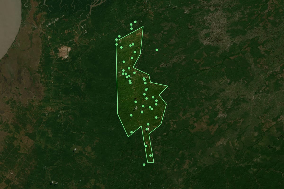 Imagem de satélite de Presidente Juscelino (MA), com o contorno do município e a posição dos imóveis desta página.