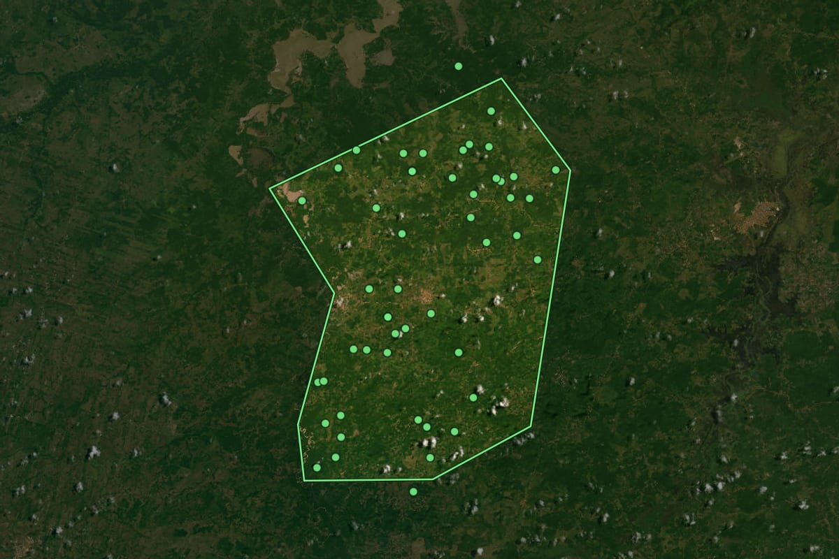 Imagem de satélite de Presidente Sarney (MA), com o contorno do município e a posição dos imóveis desta página.