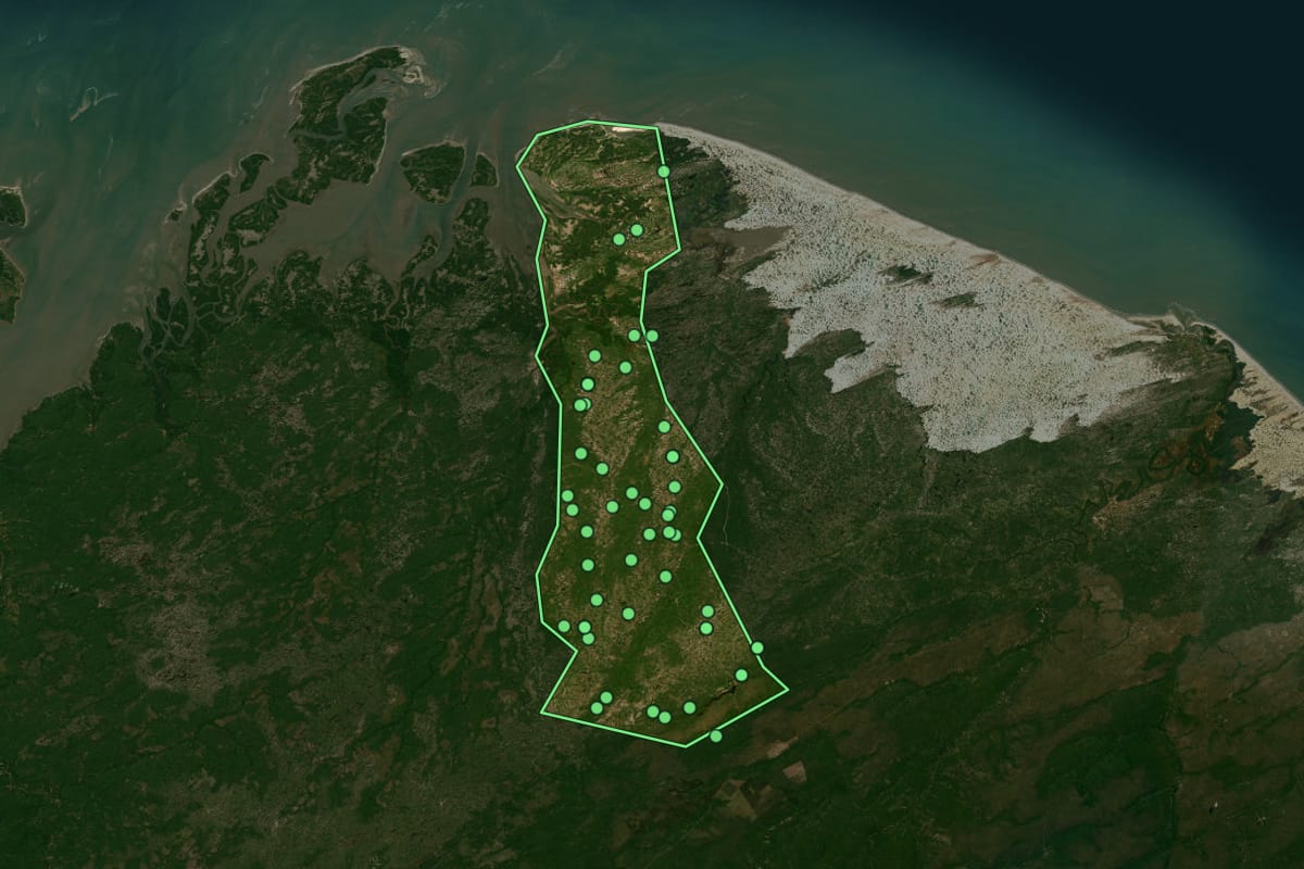Imagem de satélite de Primeira Cruz (MA), com o contorno do município e a posição dos imóveis desta página.