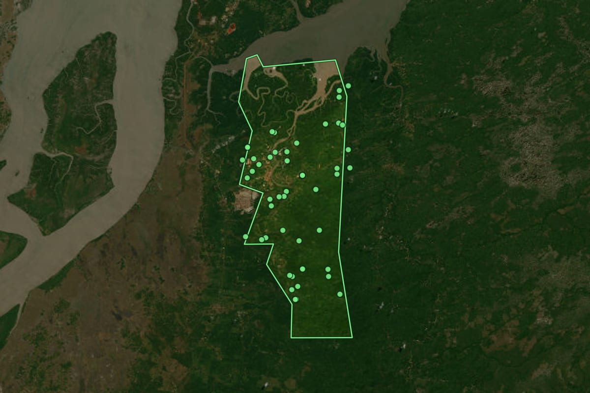 Imagem de satélite de Rosário (MA), com o contorno do município e a posição dos imóveis desta página.