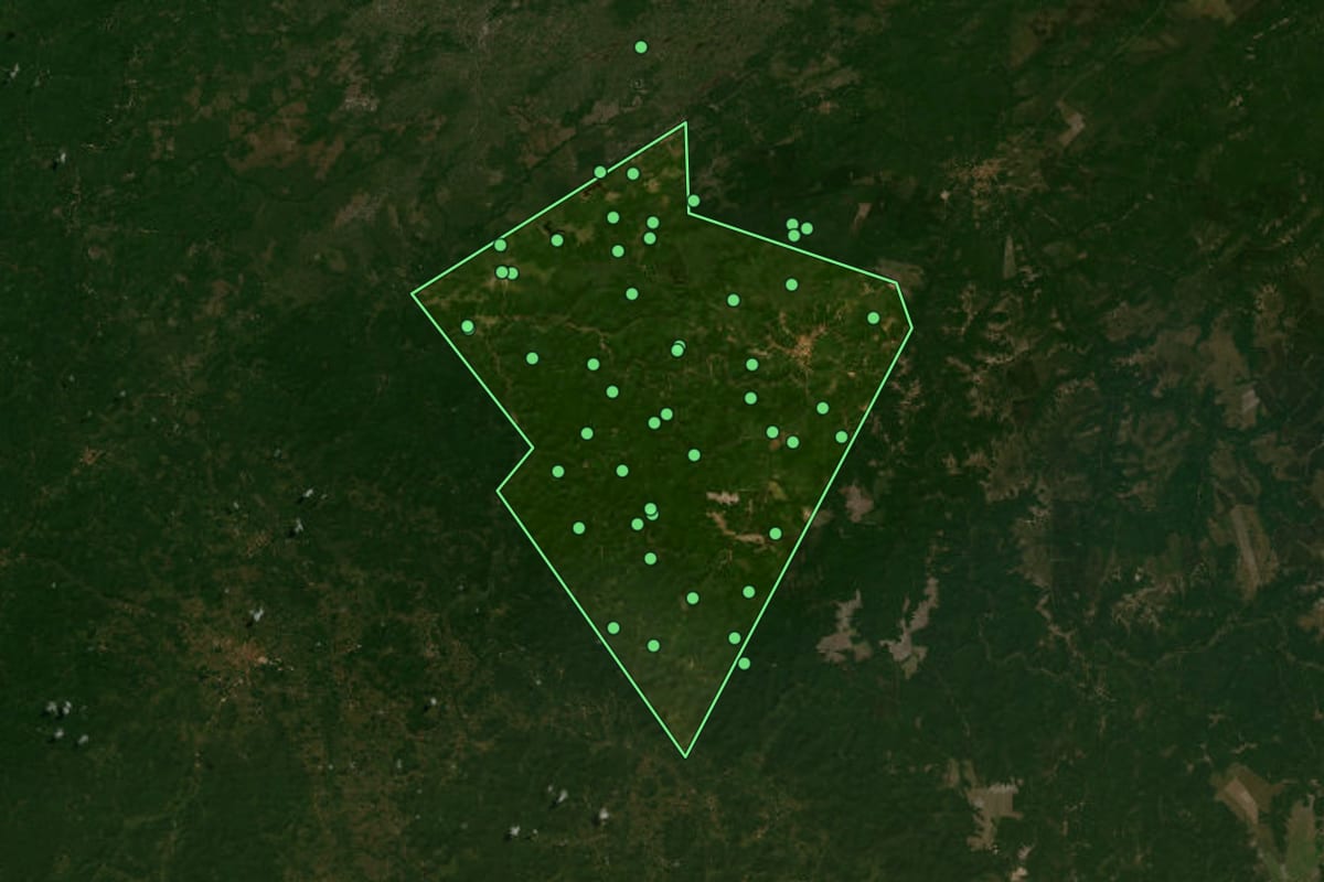 Imagem de satélite de São Benedito do Rio Preto (MA), com o contorno do município e a posição dos imóveis desta página.
