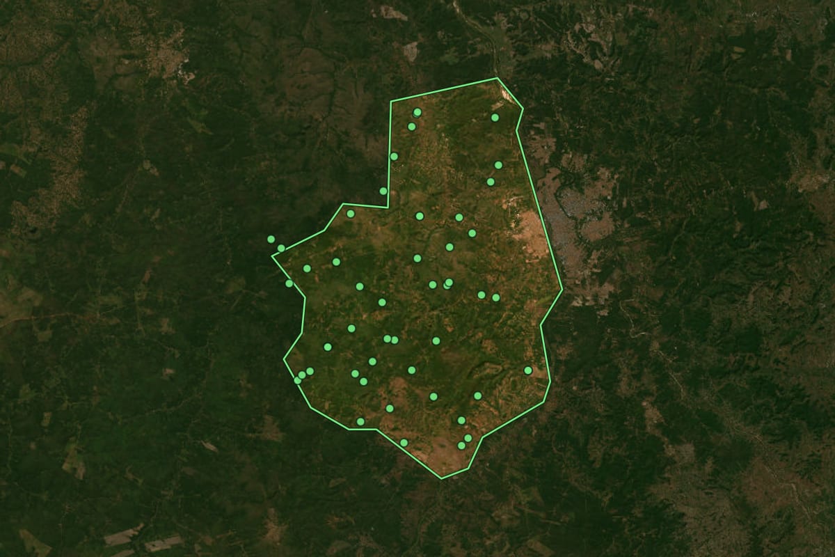 Imagem de satélite de Timon (MA), com o contorno do município e a posição dos imóveis desta página.