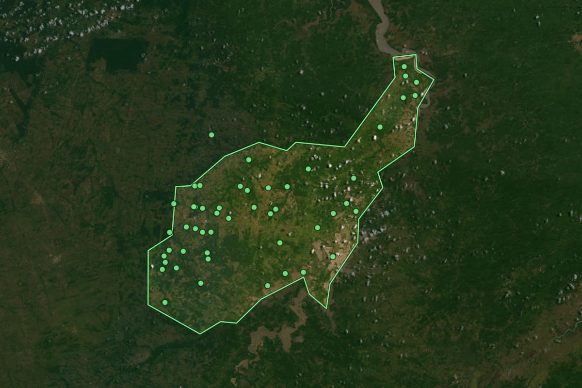 Imagem de satélite de Turilândia (MA), com o contorno do município e a posição dos imóveis desta página.