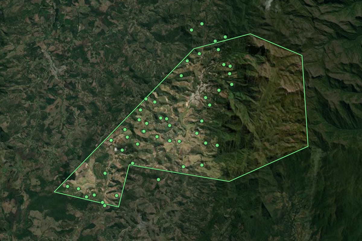 Imagem de satélite de Alto Caparaó (MG), com o contorno do município e a posição dos imóveis desta página.