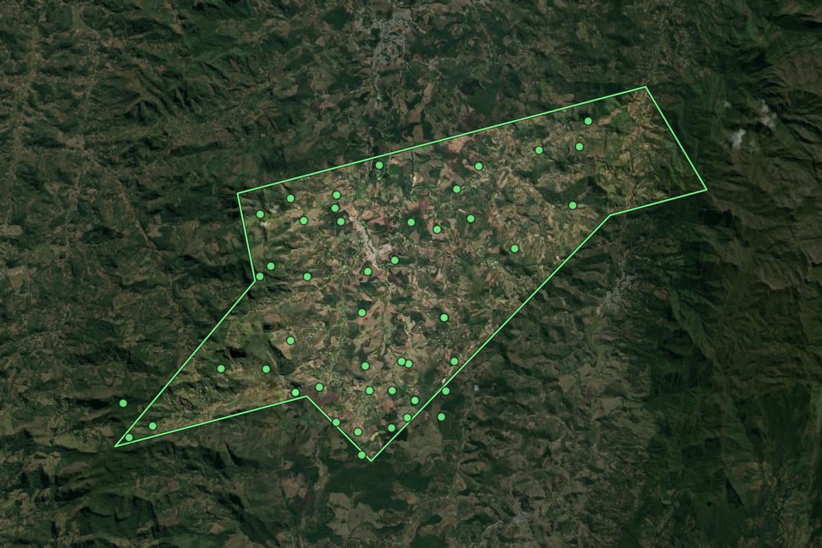 Imagem de satélite de Alto Jequitibá (MG), com o contorno do município e a posição dos imóveis desta página.