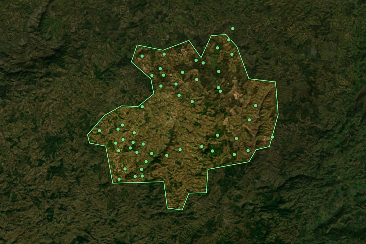 Imagem de satélite de Andrelândia (MG), com o contorno do município e a posição dos imóveis desta página.