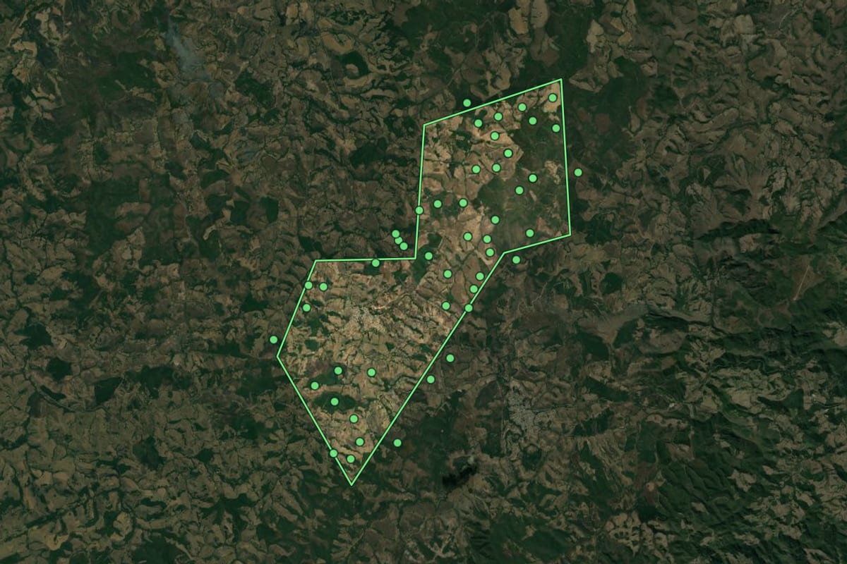 Imagem de satélite de Arantina (MG), com o contorno do município e a posição dos imóveis desta página.