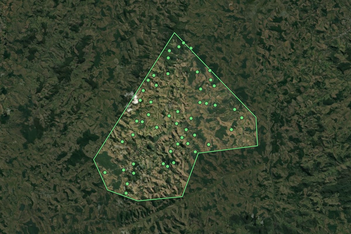 Imagem de satélite de Argirita (MG), com o contorno do município e a posição dos imóveis desta página.