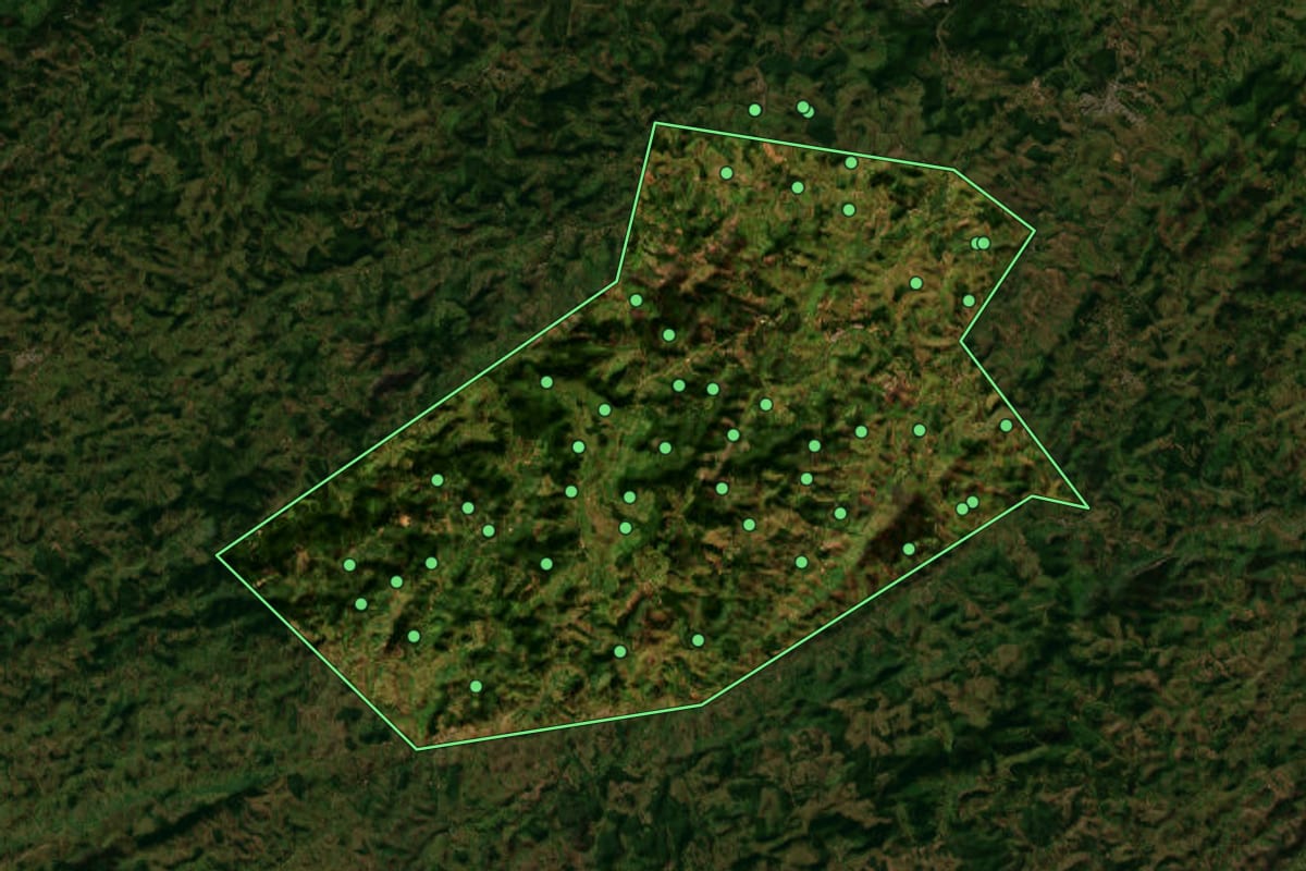 Imagem de satélite de Belmiro Braga (MG), com o contorno do município e a posição dos imóveis desta página.