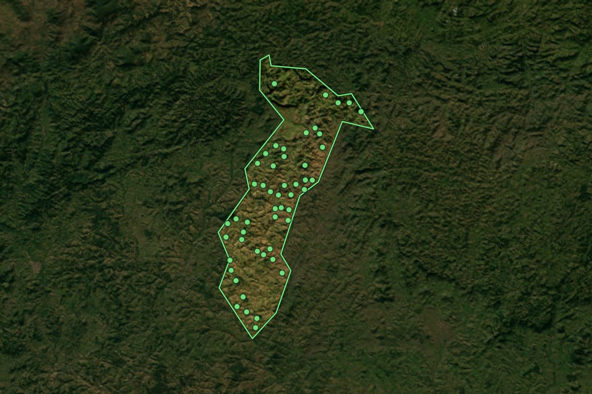 Imagem de satélite de Bertópolis (MG), com o contorno do município e a posição dos imóveis desta página.