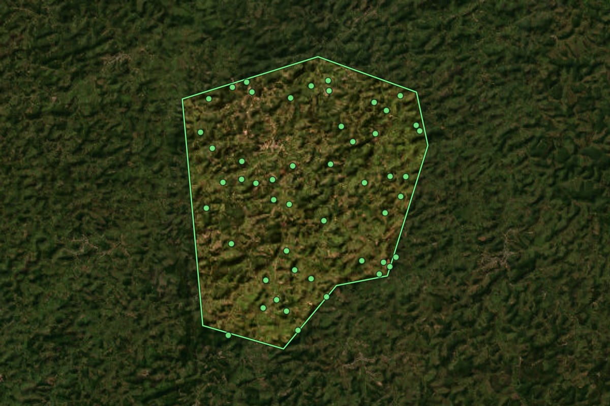 Imagem de satélite de Brás Pires (MG), com o contorno do município e a posição dos imóveis desta página.