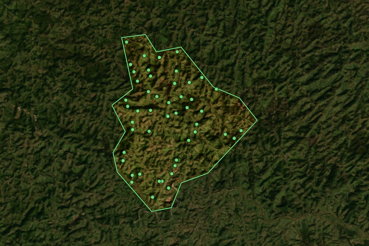 Imagem de satélite de Braúnas (MG), com o contorno do município e a posição dos imóveis desta página.