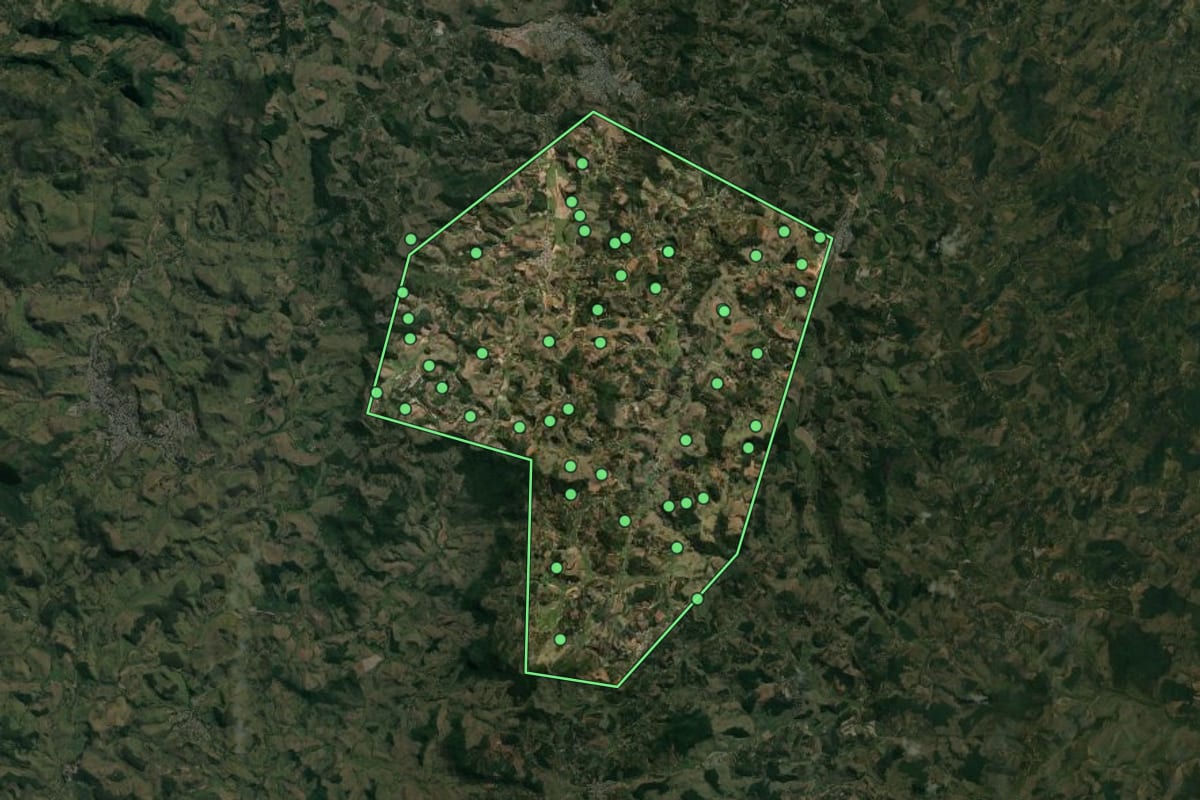 Imagem de satélite de Caiana (MG), com o contorno do município e a posição dos imóveis desta página.