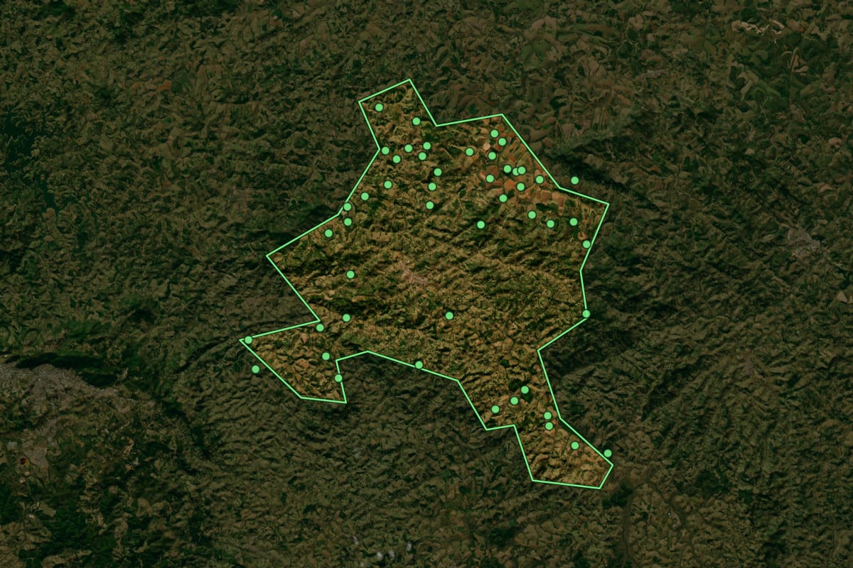 Imagem de satélite de Campestre (MG), com o contorno do município e a posição dos imóveis desta página.