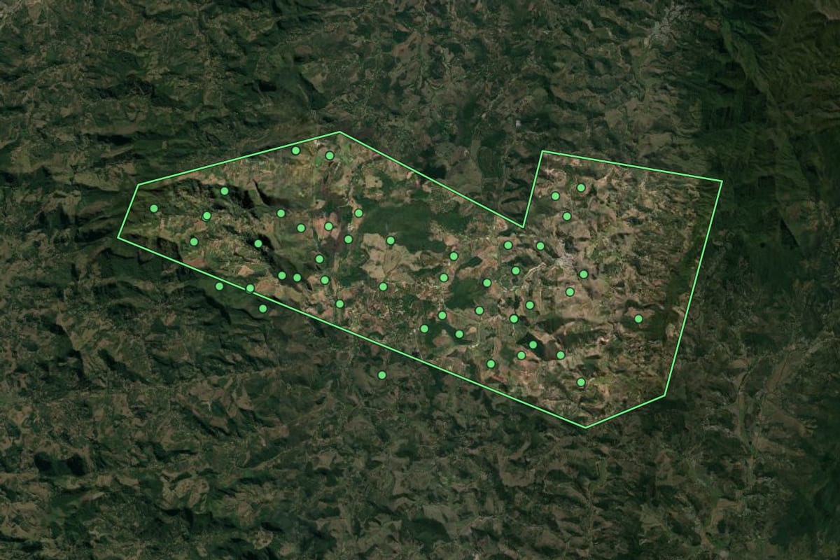Imagem de satélite de Caparaó (MG), com o contorno do município e a posição dos imóveis desta página.